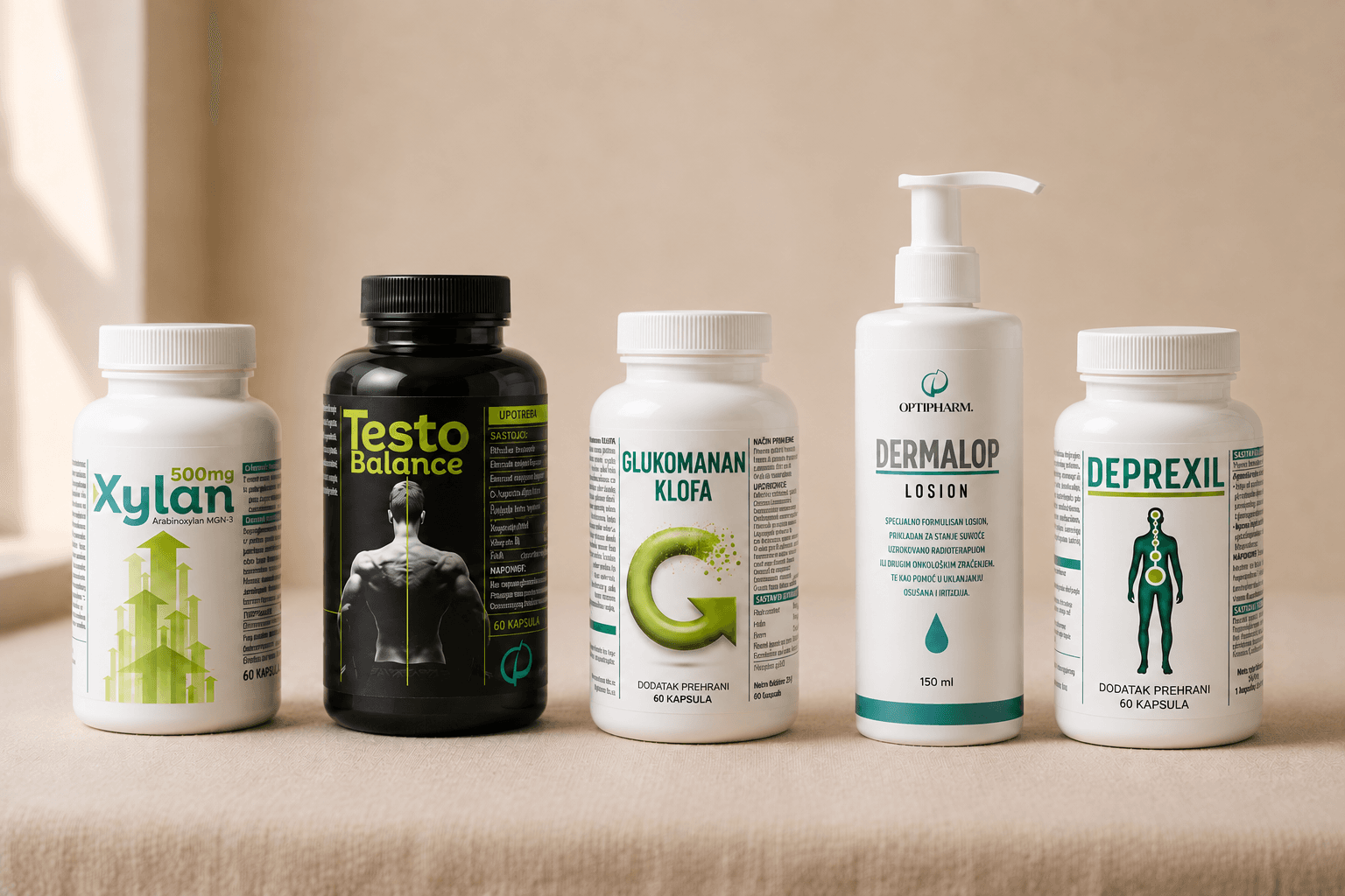 Optipharm portfolio: Xylan, Testo Balance, Glukomanan KLOFA, Dermalop Lotion i Deprexil